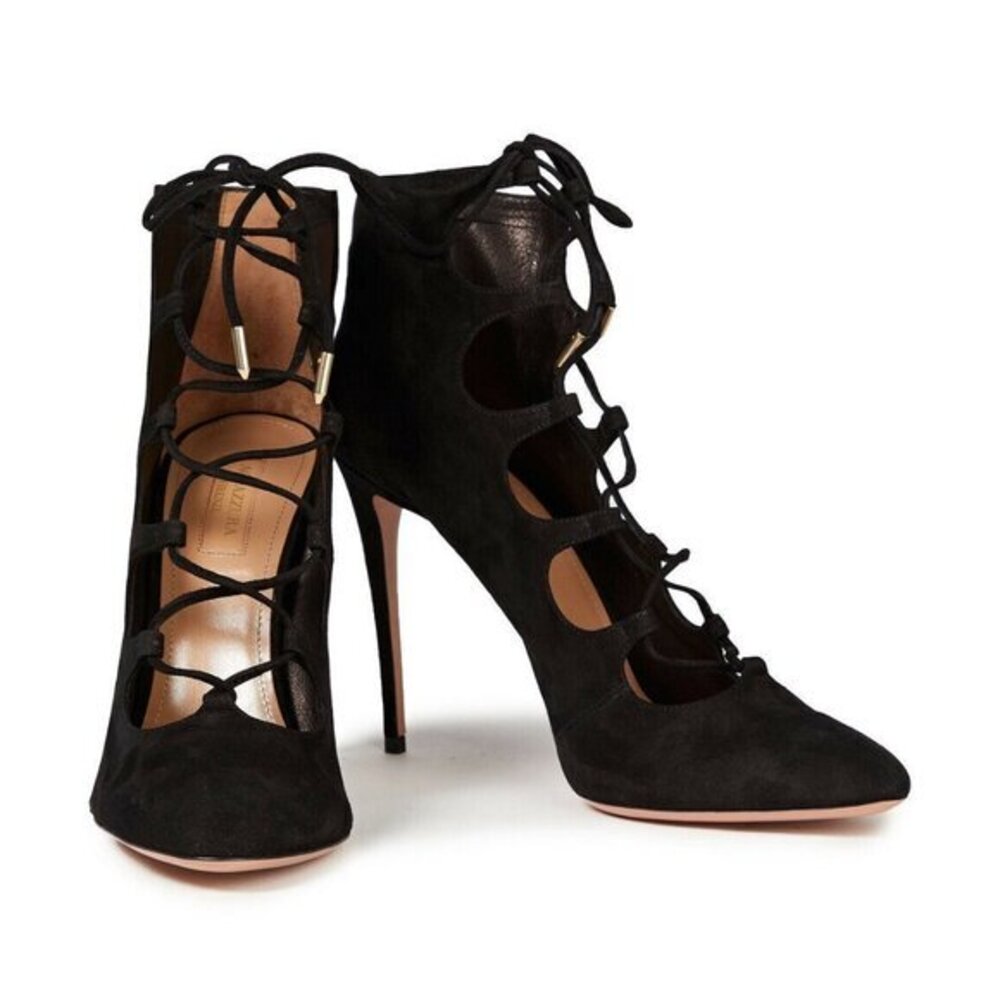 Aquazurra Flirt 105 Booties Black Suede Leather Lace Up Ankle Pumps 38 EU 7.5 US